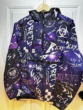 Men’s  Galaxy Print Hooded Anorak Jacket - Purple/Black